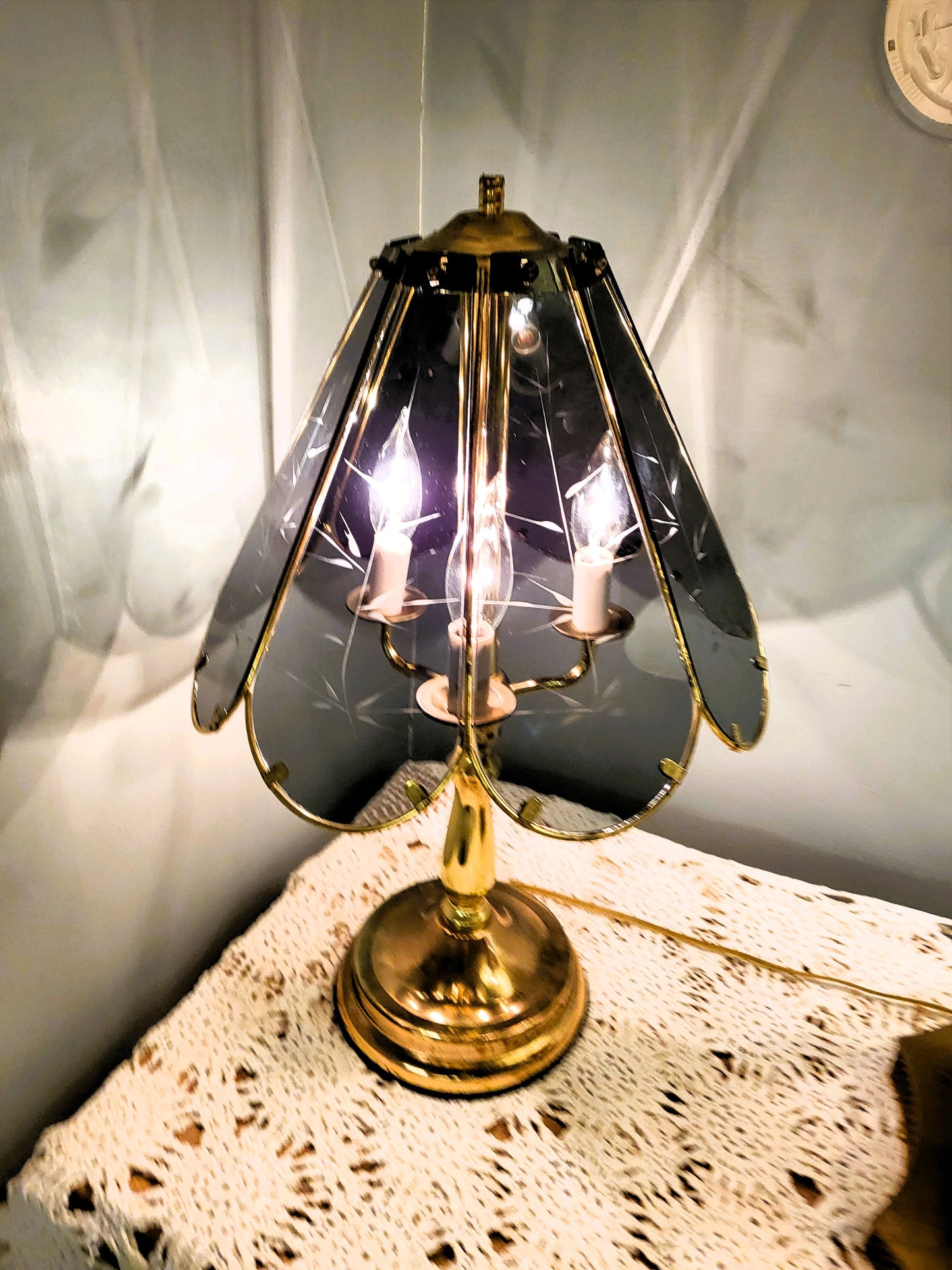Vintage Touch Lamp LRG Accent Table Night Light Brass Smoky Glass Panels Post Modern Three Way Candelabra Hollywood Regency Mid Century
