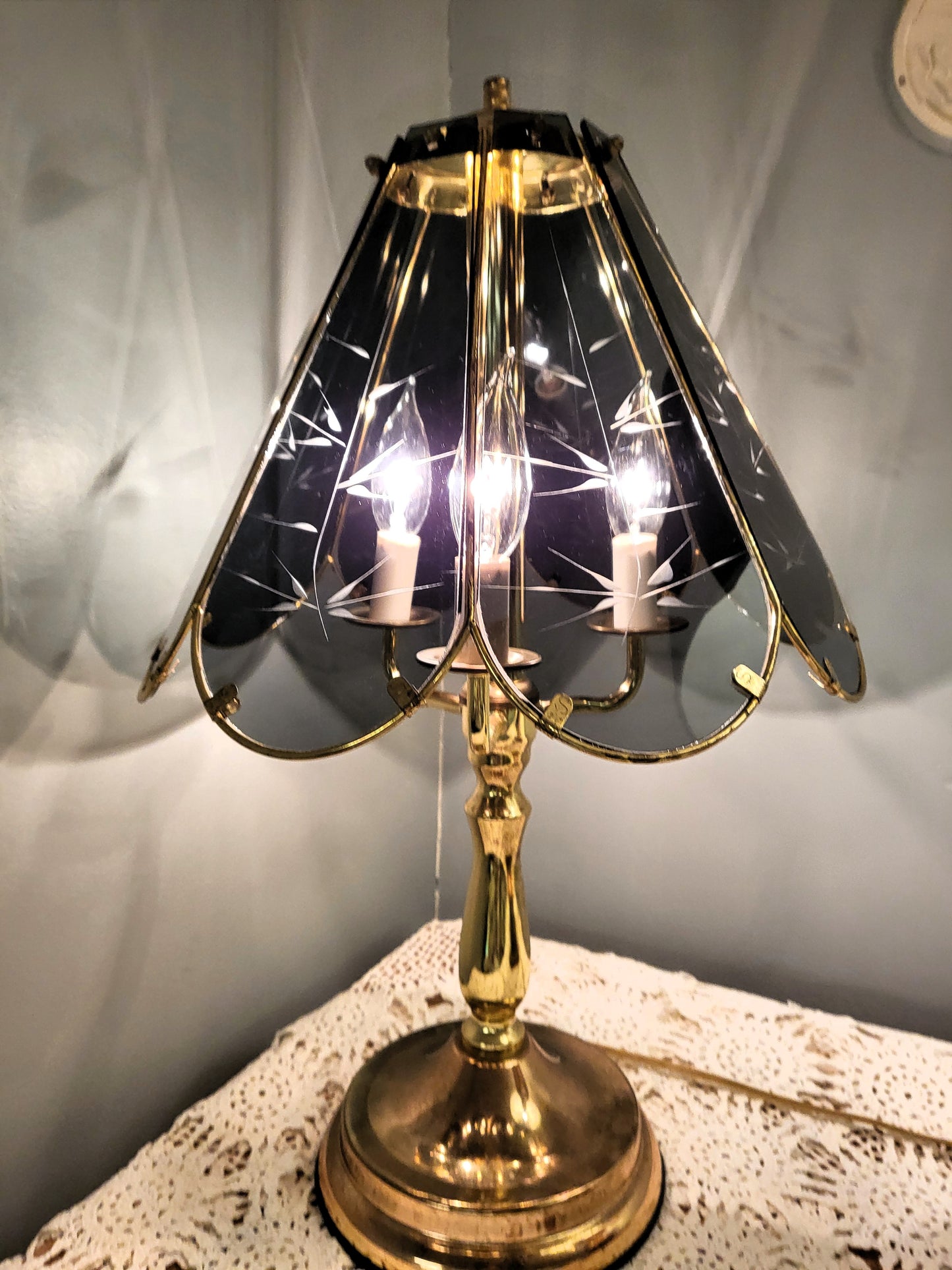 Vintage Touch Lamp LRG Accent Table Night Light Brass Smoky Glass Panels Post Modern Three Way Candelabra Hollywood Regency Mid Century
