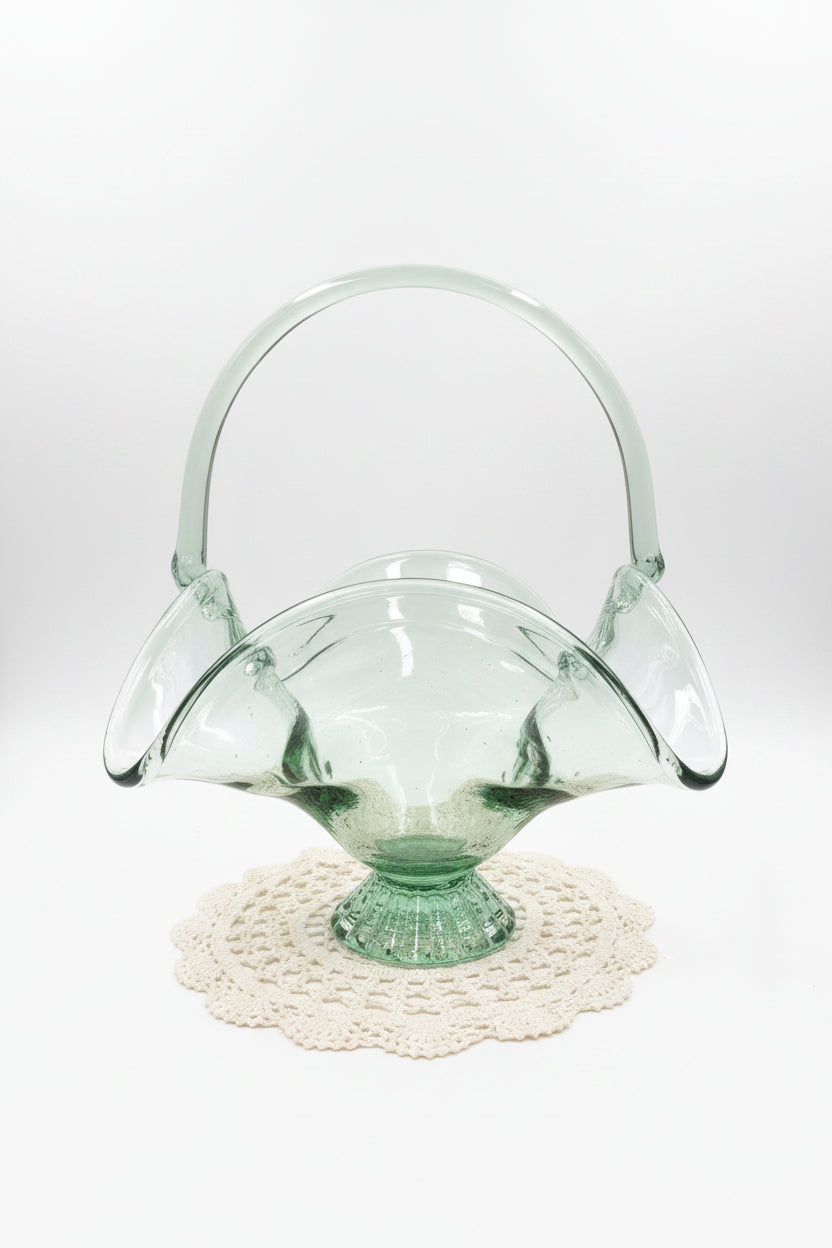 Vintage Light Green Hand-Blown Art Glass Basket Centerpiece