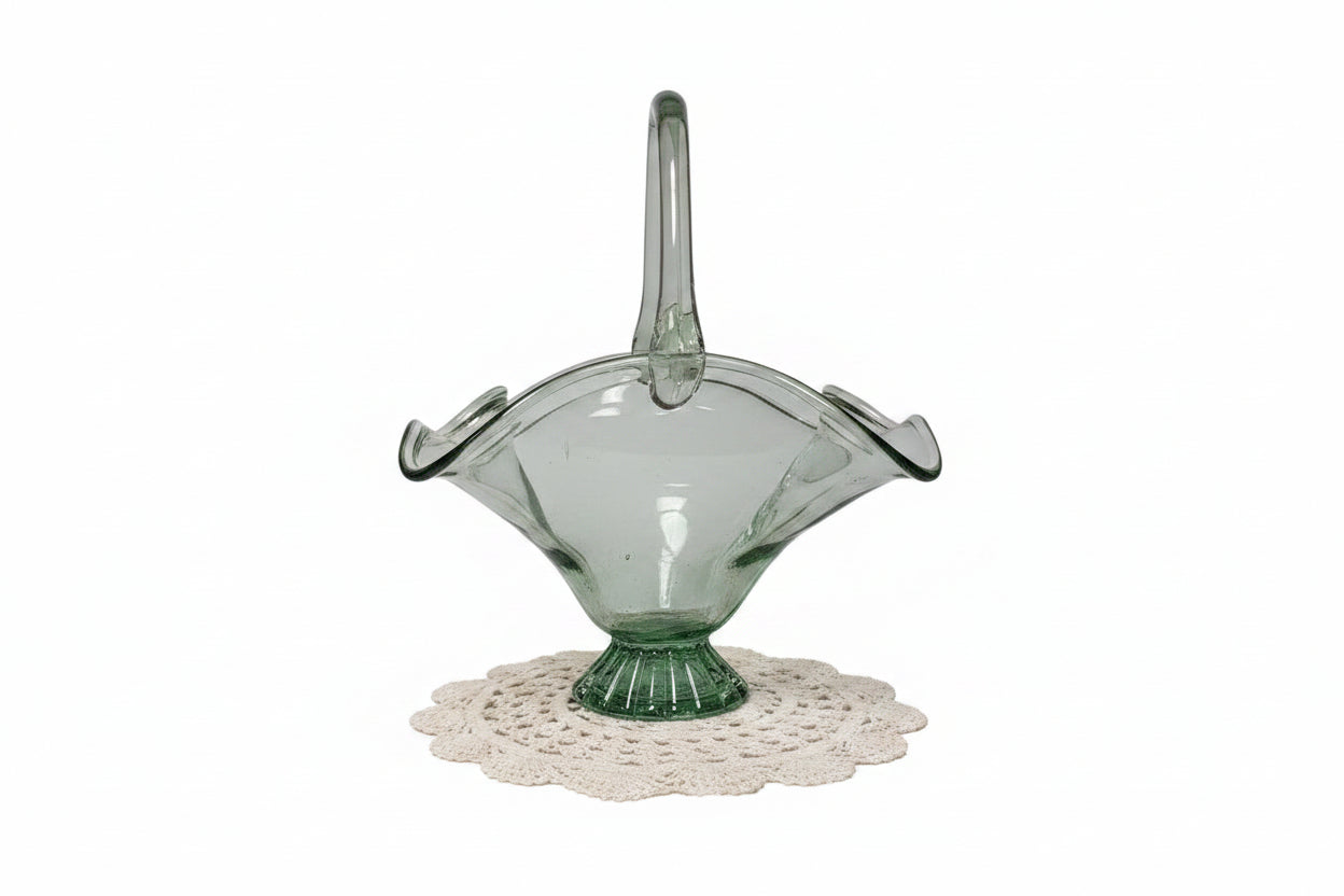 Vintage Light Green Hand-Blown Art Glass Basket Centerpiece