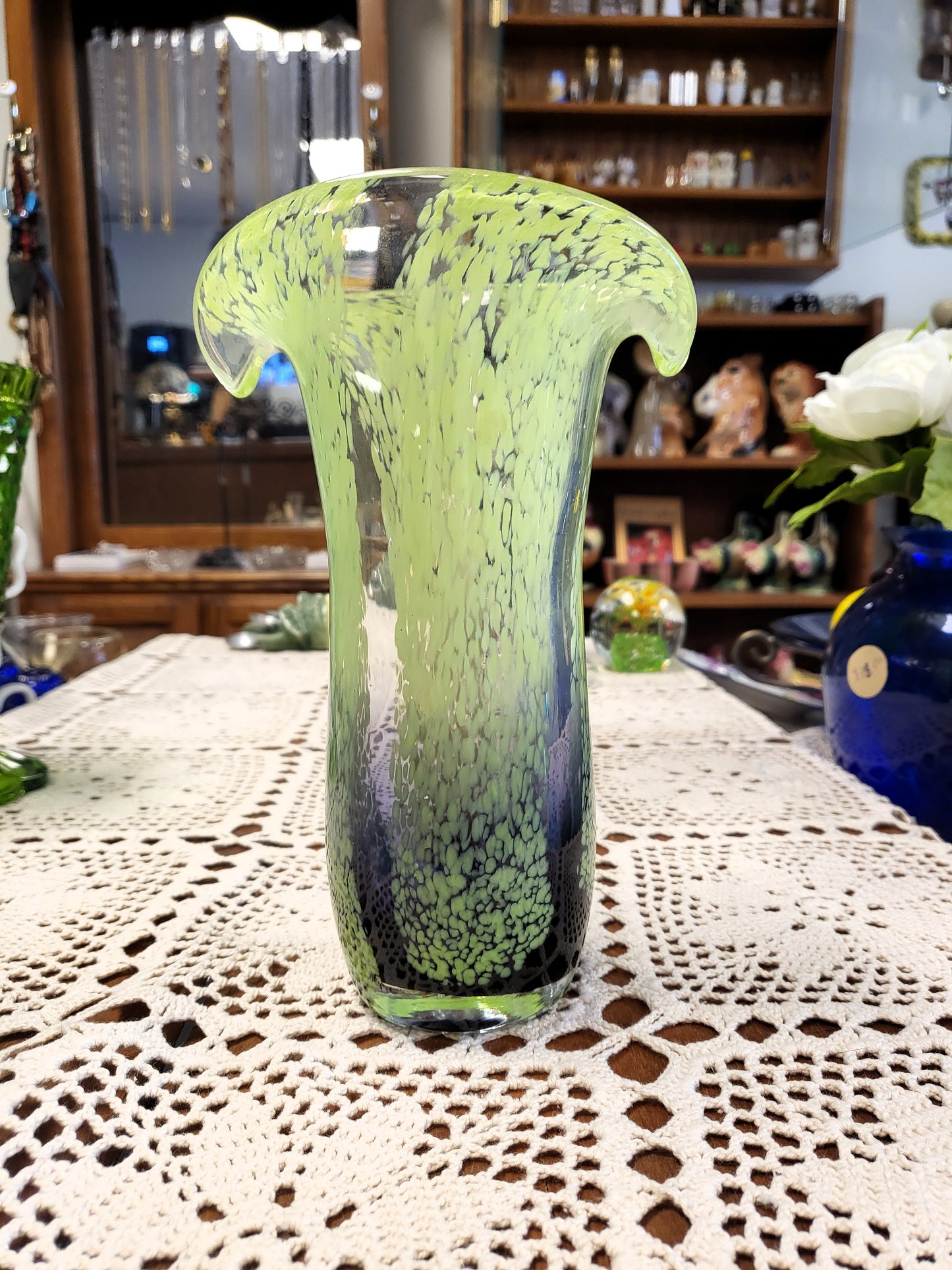 Vintage Teleflora Art Glass Vase Chartreuse Green Purple Speckled Spatter Waterfall 8"