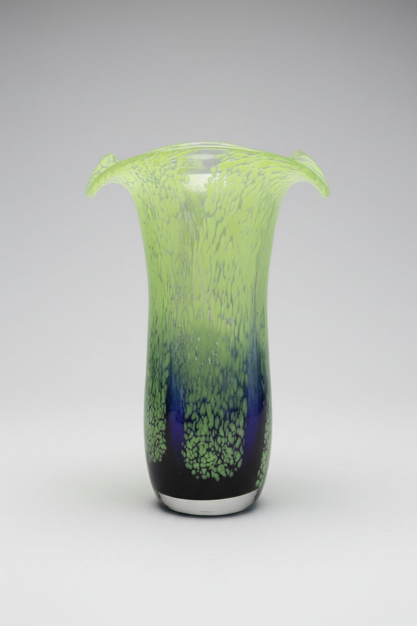 Vintage Teleflora Art Glass Vase Chartreuse Green Purple Speckled Spatter Waterfall 8"