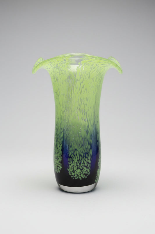 Vintage Teleflora Art Glass Vase Chartreuse Green Purple Speckled Spatter Waterfall 8"