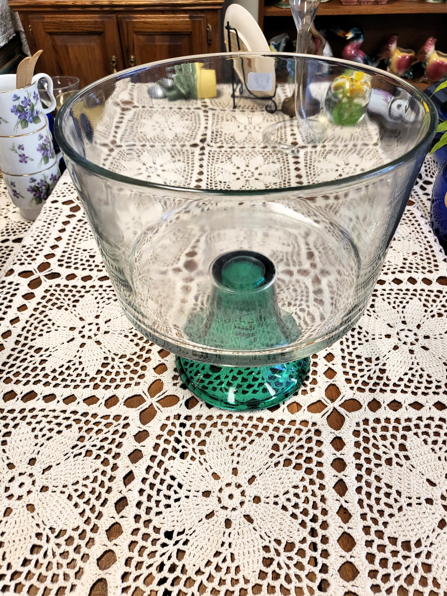 Vintage Anchor Hocking Monaco Footed Trifle Bowl With A Green Teal Base. 3quarts