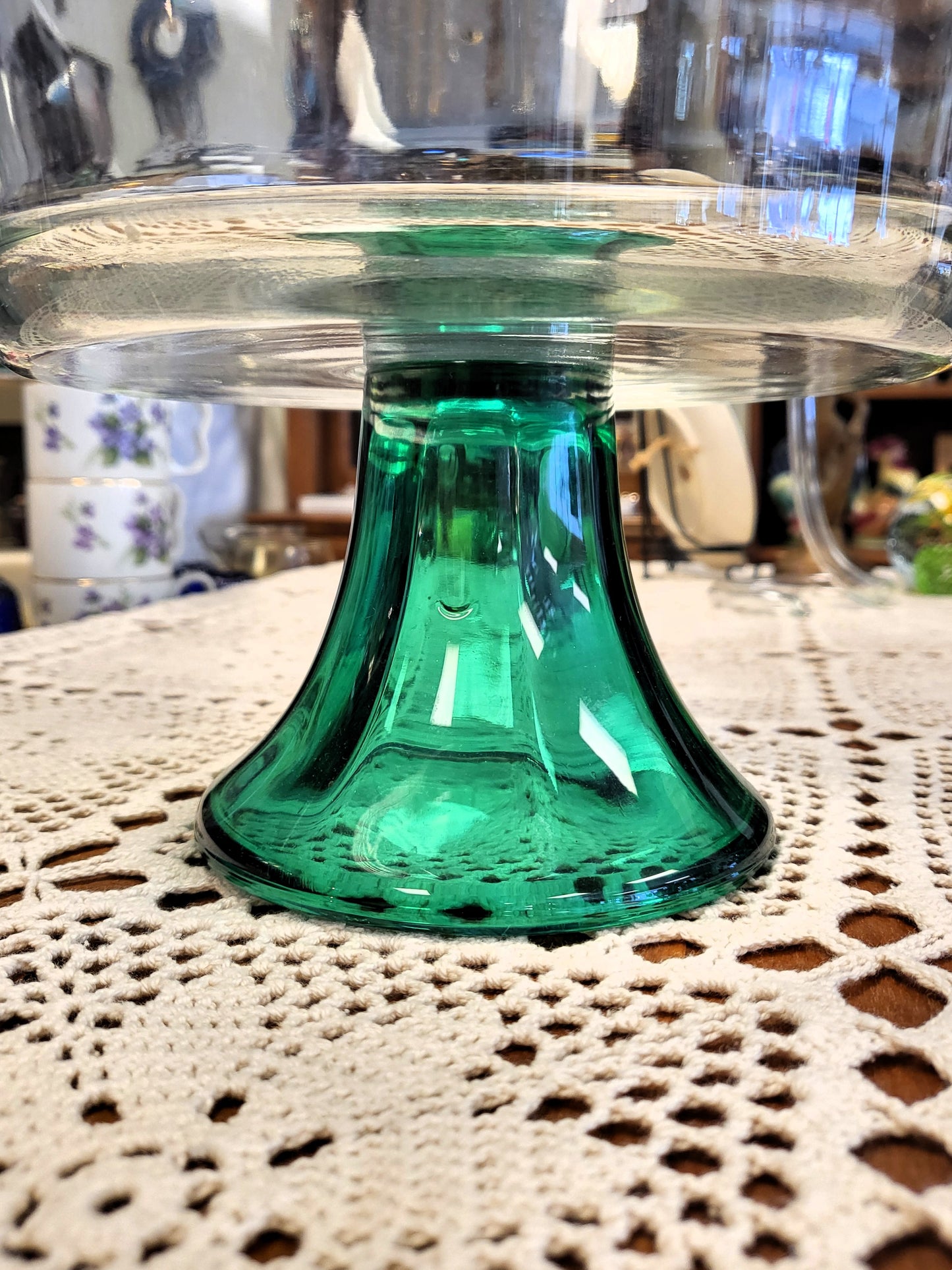 Vintage Anchor Hocking Monaco Footed Trifle Bowl With A Green Teal Base. 3quarts