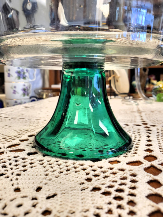 Vintage Anchor Hocking Monaco Footed Trifle Bowl With A Green Teal Base. 3quarts