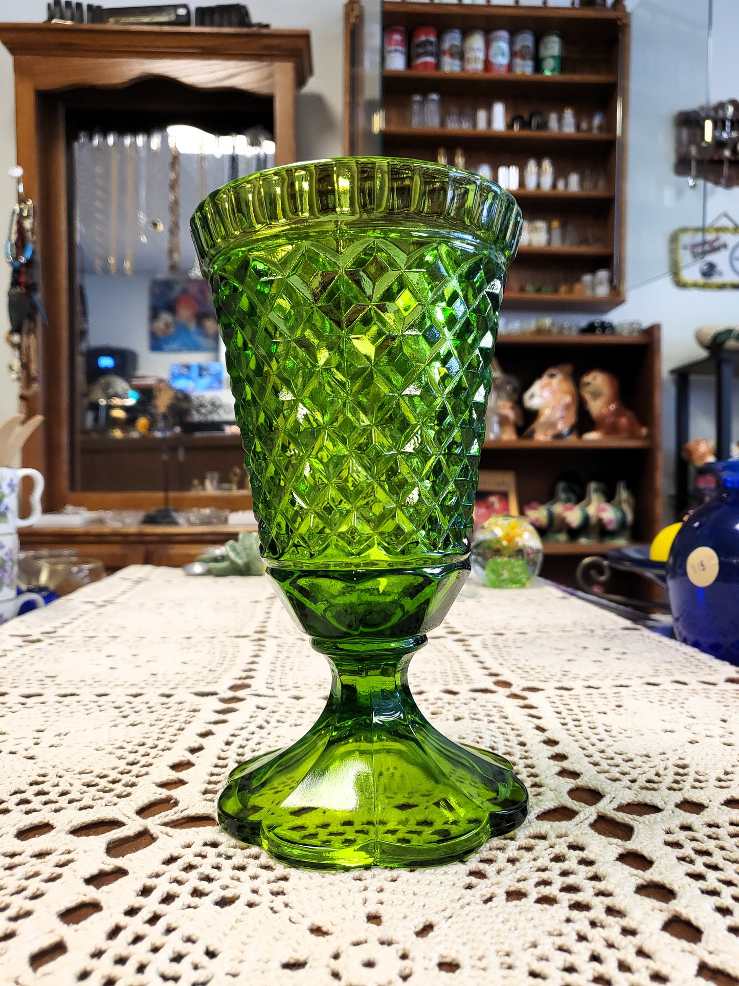 Vintage Indiana Glass Diamond Point Green Pedestal Vase Large Goblet 8" MCM