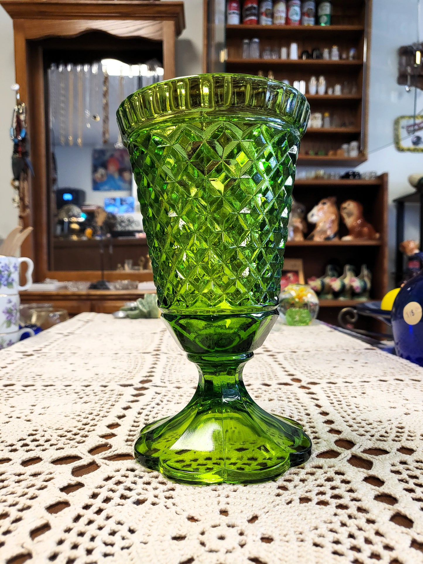 Vintage Indiana Glass Diamond Point Green Pedestal Vase Large Goblet 8" MCM
