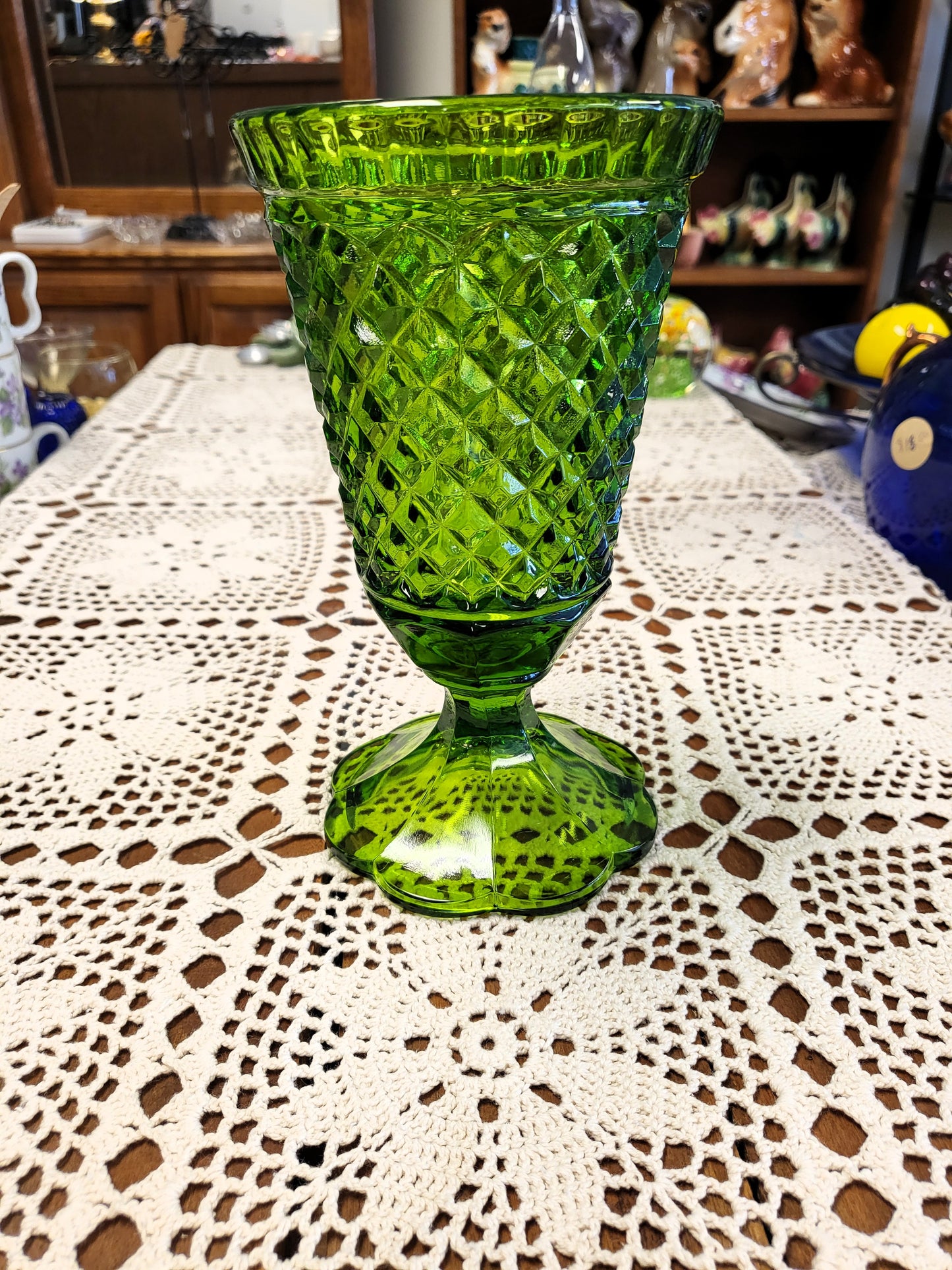 Vintage Indiana Glass Diamond Point Green Pedestal Vase Large Goblet 8" MCM