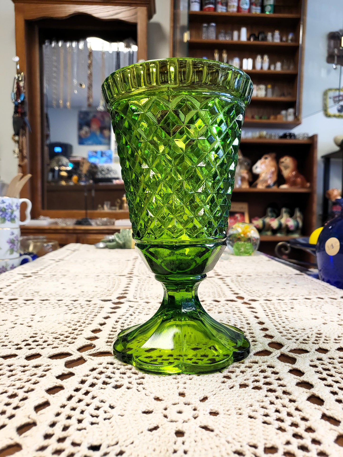 Vintage Indiana Glass Diamond Point Green Pedestal Vase Large Goblet 8" MCM