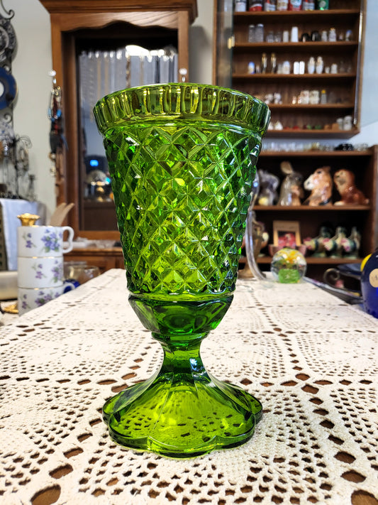 Vintage Indiana Glass Diamond Point Green Pedestal Vase Large Goblet 8" MCM