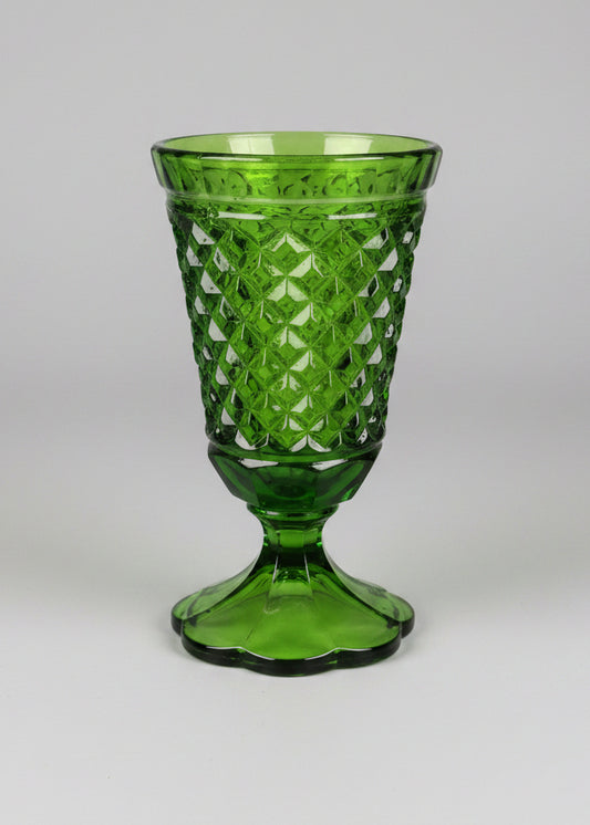 Vintage Indiana Glass Diamond Point Green Pedestal Vase Large Goblet 8" MCM