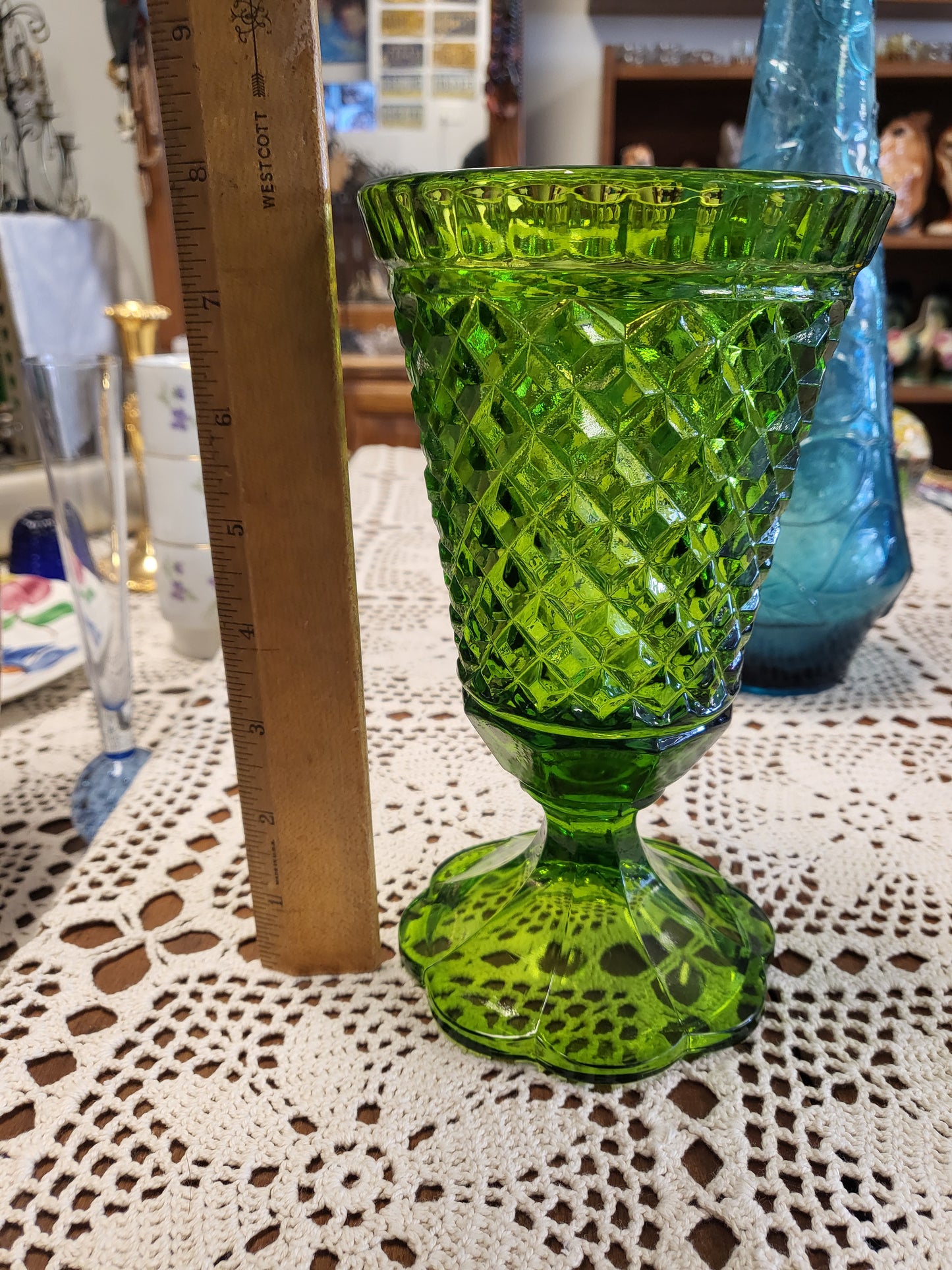 Vintage Indiana Glass Diamond Point Green Pedestal Vase Large Goblet 8" MCM
