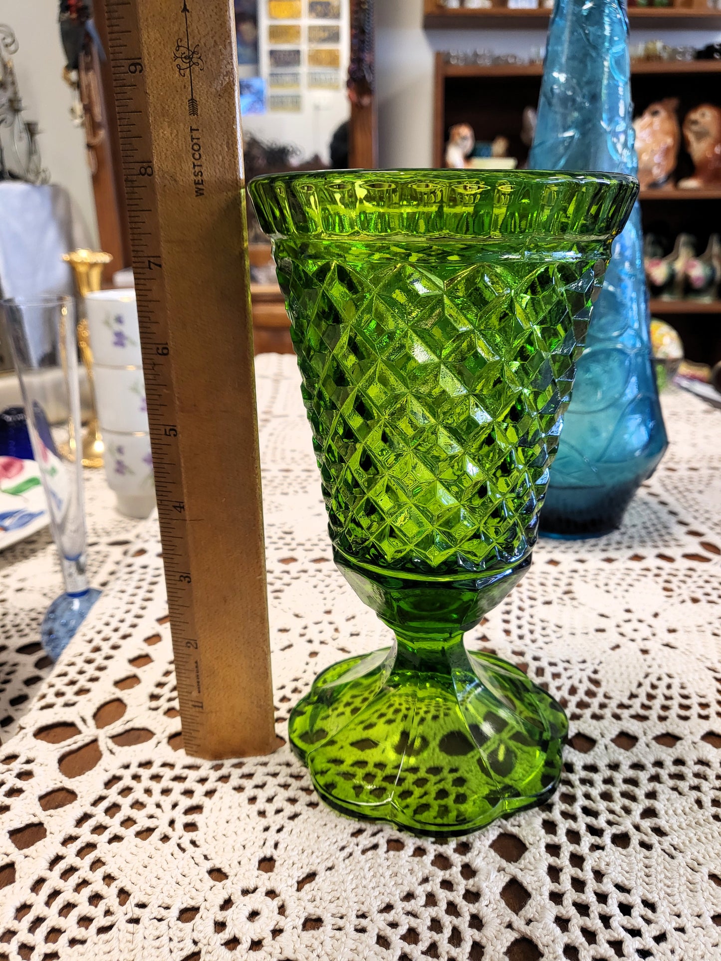 Vintage Indiana Glass Diamond Point Green Pedestal Vase Large Goblet 8" MCM