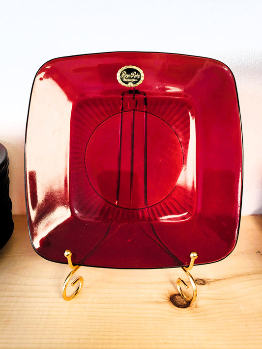 Vintage Royal Ruby Red Anchor Hocking Square Glass Dinner Plate – 1950s