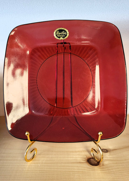 Vintage Royal Ruby Red Anchor Hocking Square Glass Dinner Plate – 1950s