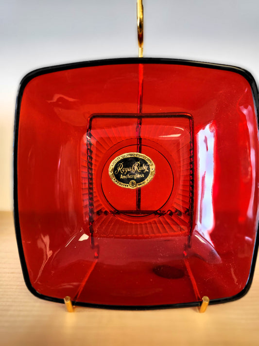 Vintage Royal Ruby Red Anchor Hocking Glass Handled Snack Bowl – 1950s