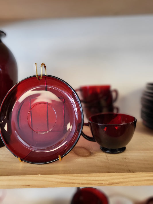 Vintage Royal Ruby Red Anchor Hocking Cup & Saucer Glass – 1950s