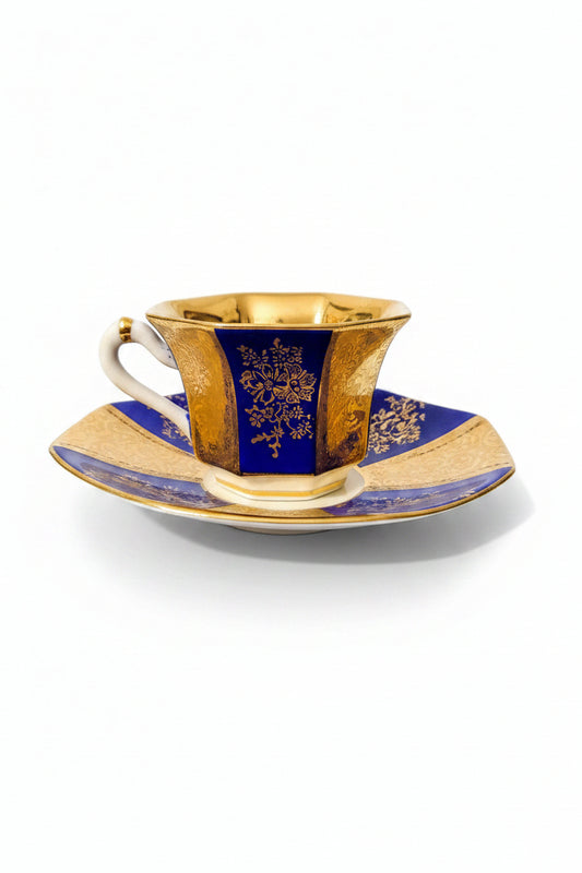 Vintage Colbalt & Gold Bavarian Demitasse Tea Cup and Saucer Set - 1950s