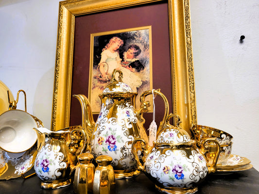 Rare 13-Pc Vintage Kronester Bavaria "Venezia" Tea Set - 24K Gold Plated Porcelain - Service for 4 - Made in West Germany