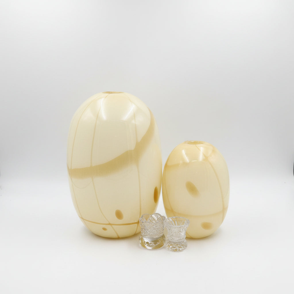 Vintage Aureliano Toso Murano Glass Vase Pair Dino Martens Cream Amber Lines MCM