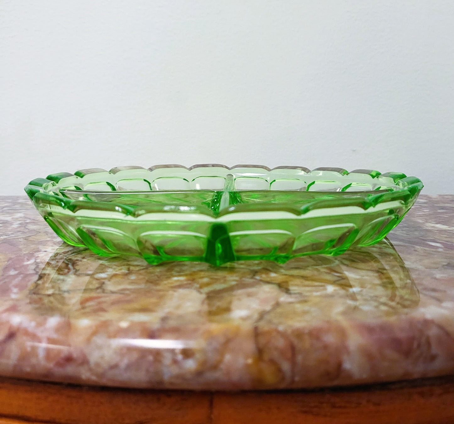 Vintage 7.25" Diamond Glassware "Victory" Green Uranium Glass Divided Relish Dish - 1929-1931