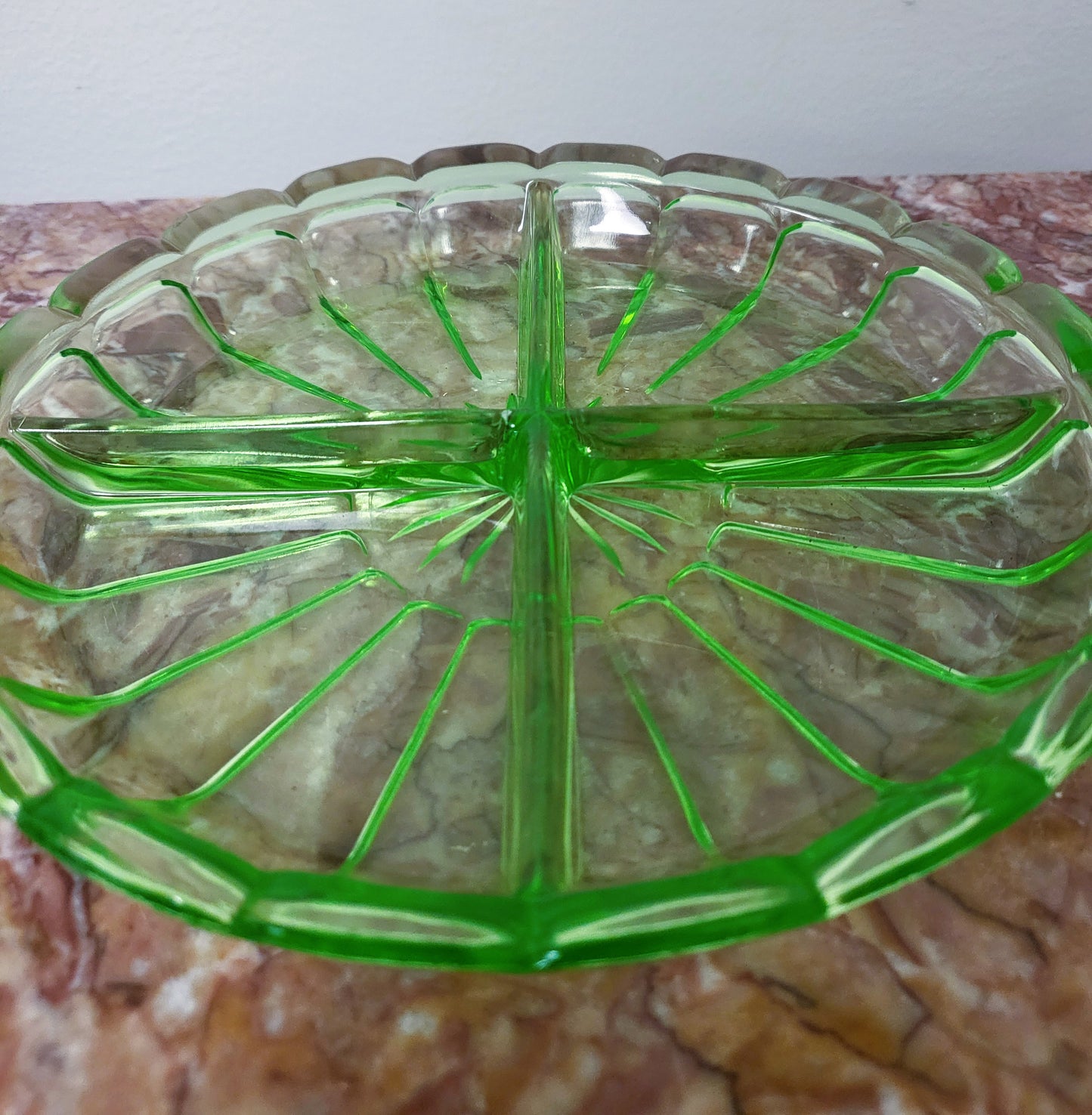 Vintage 7.25" Diamond Glassware "Victory" Green Uranium Glass Divided Relish Dish - 1929-1931