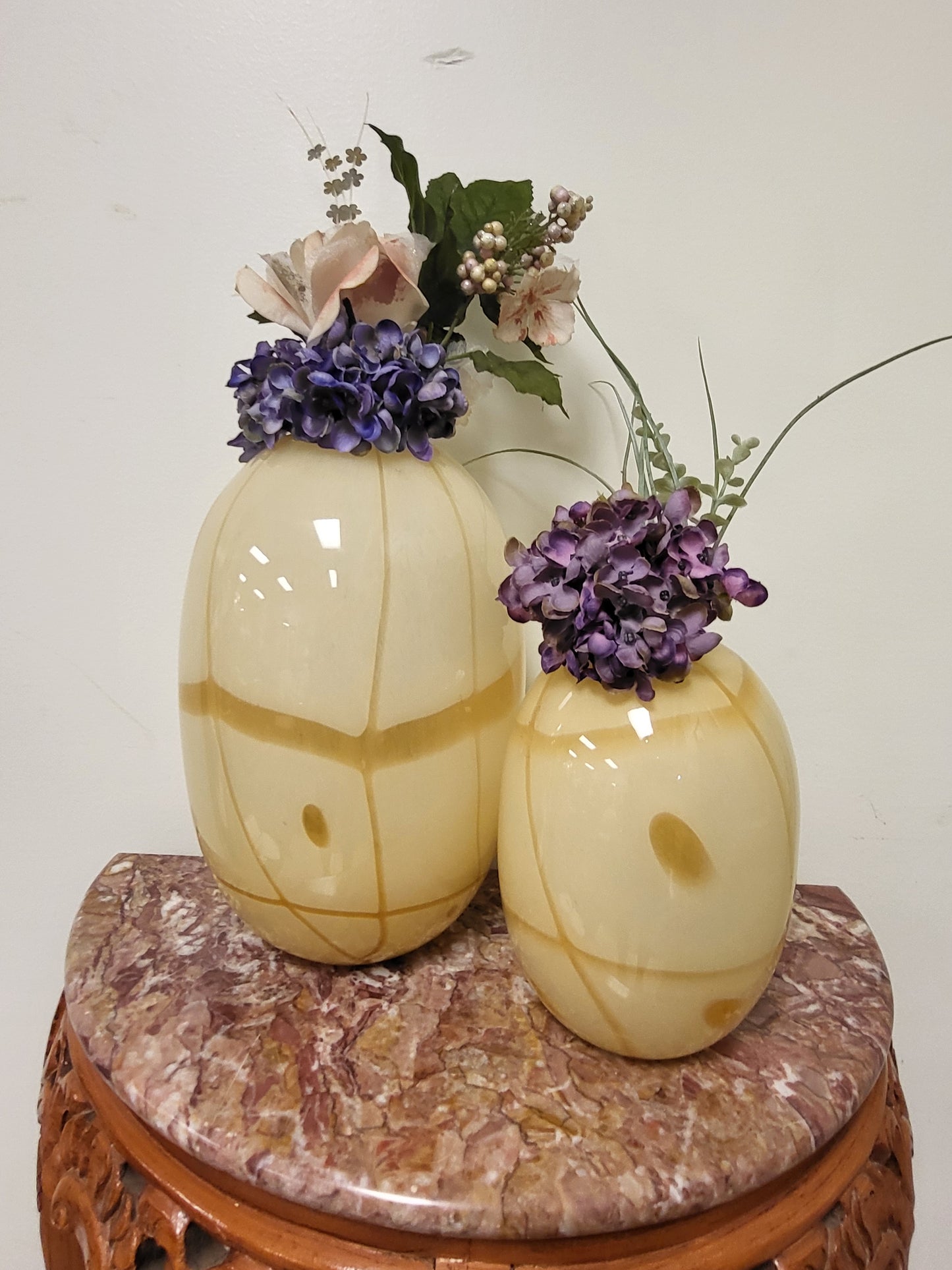 Vintage Aureliano Toso Murano Glass Vase Pair Dino Martens Cream Amber Lines MCM