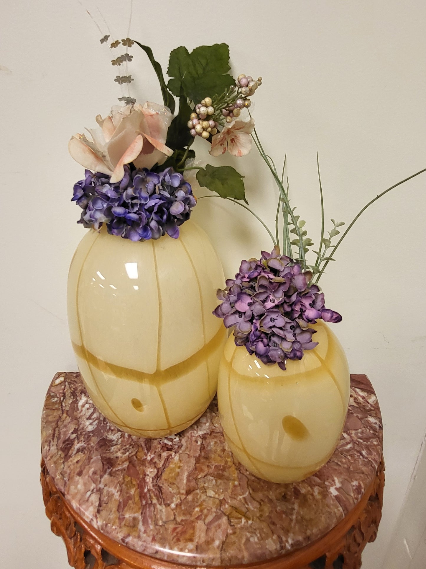 Vintage Aureliano Toso Murano Glass Vase Pair Dino Martens Cream Amber Lines MCM