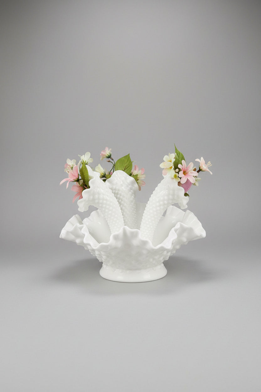 Vintage Fenton Milk Glass Hobnail 4 Piece Epergne Centerpiece Bowl Horns Vase MCM