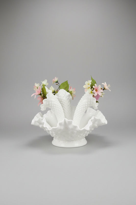 Vintage Fenton Milk Glass Hobnail 4 Piece Epergne Centerpiece Bowl Horns Vase MCM