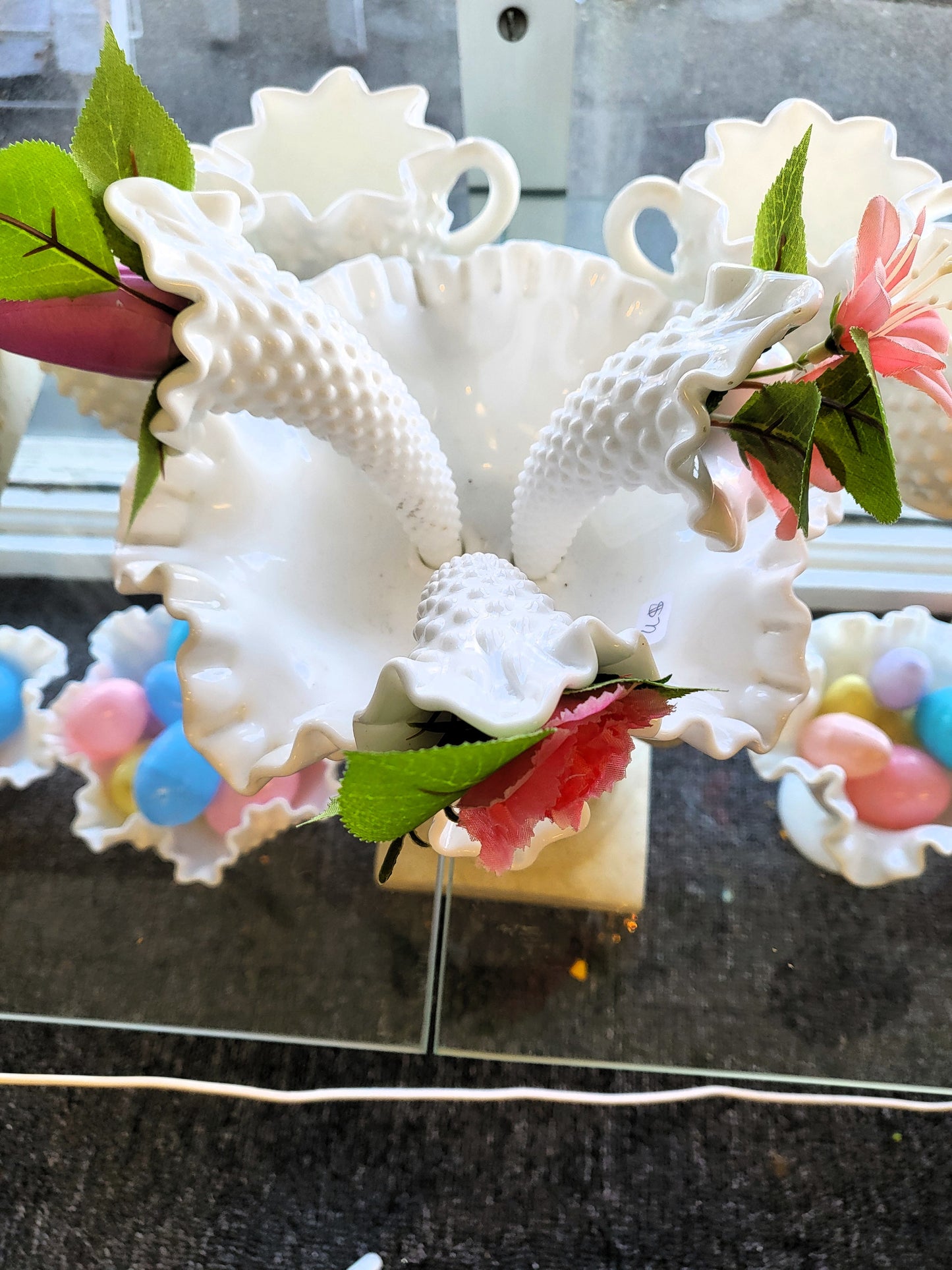 Vintage Fenton Milk Glass Hobnail 4 Piece Epergne Centerpiece Bowl Horns Vase MCM