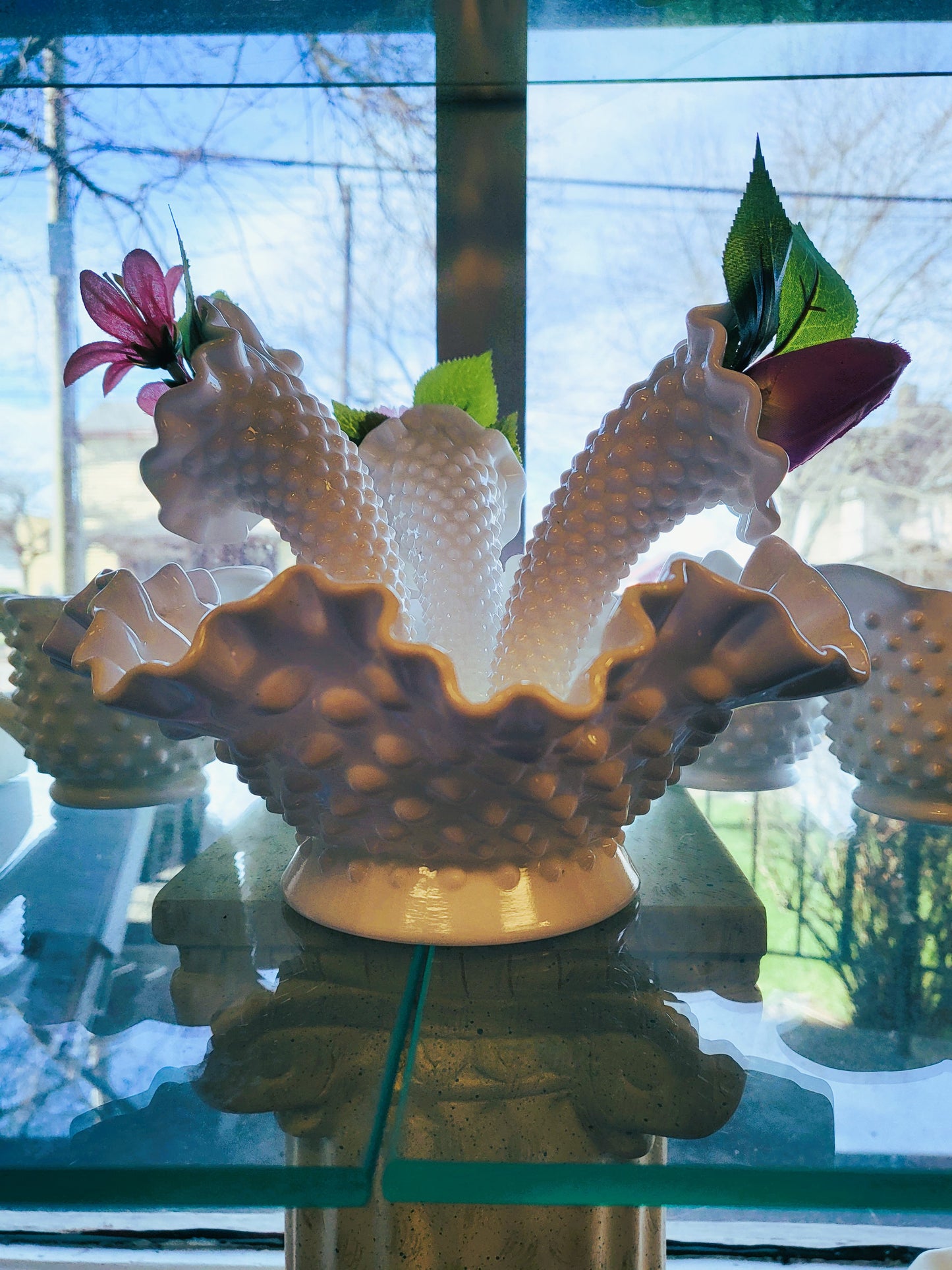 Vintage Fenton Milk Glass Hobnail 4 Piece Epergne Centerpiece Bowl Horns Vase MCM