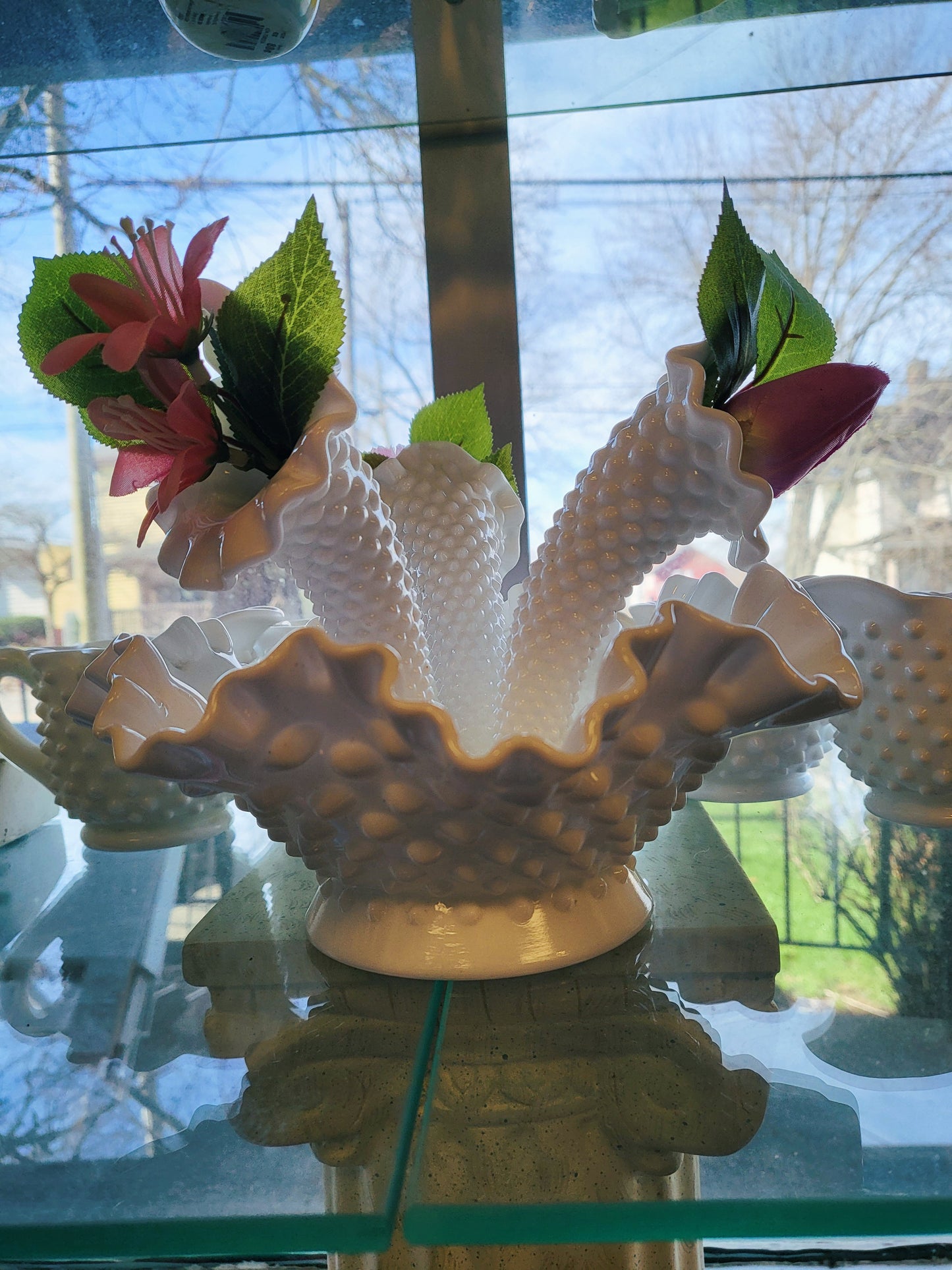 Vintage Fenton Milk Glass Hobnail 4 Piece Epergne Centerpiece Bowl Horns Vase MCM