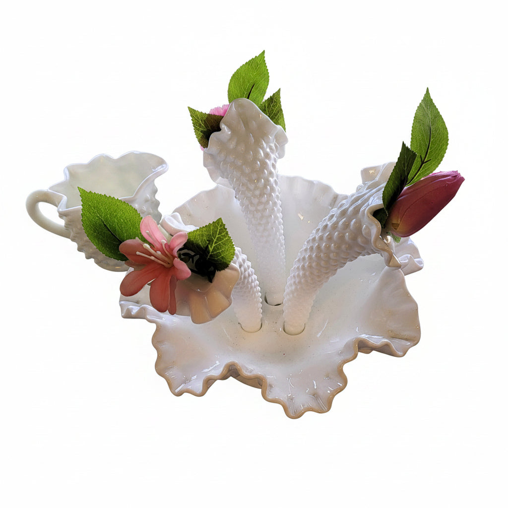 Vintage Fenton Milk Glass Hobnail 4 Piece Epergne Centerpiece Bowl Horns Vase MCM