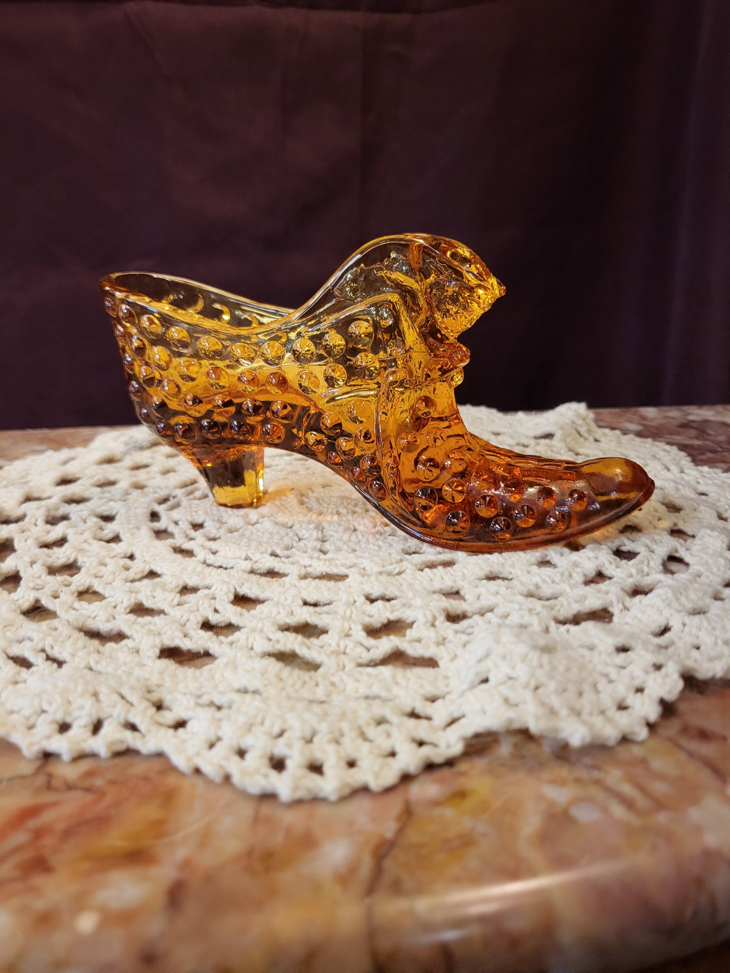 Vintage Fenton Glass Amber Hobnail Cat Head Slipper Shoe Figurine 6" Mid-Century