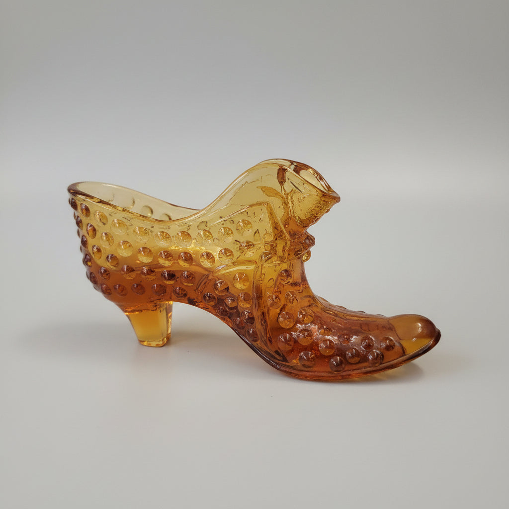 Vintage Fenton Glass Amber Hobnail Cat Head Slipper Shoe Figurine 6" Mid-Century