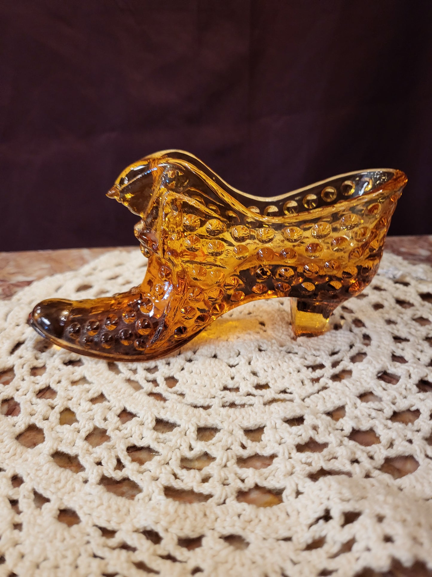 Vintage Fenton Glass Amber Hobnail Cat Head Slipper Shoe Figurine 6" Mid-Century