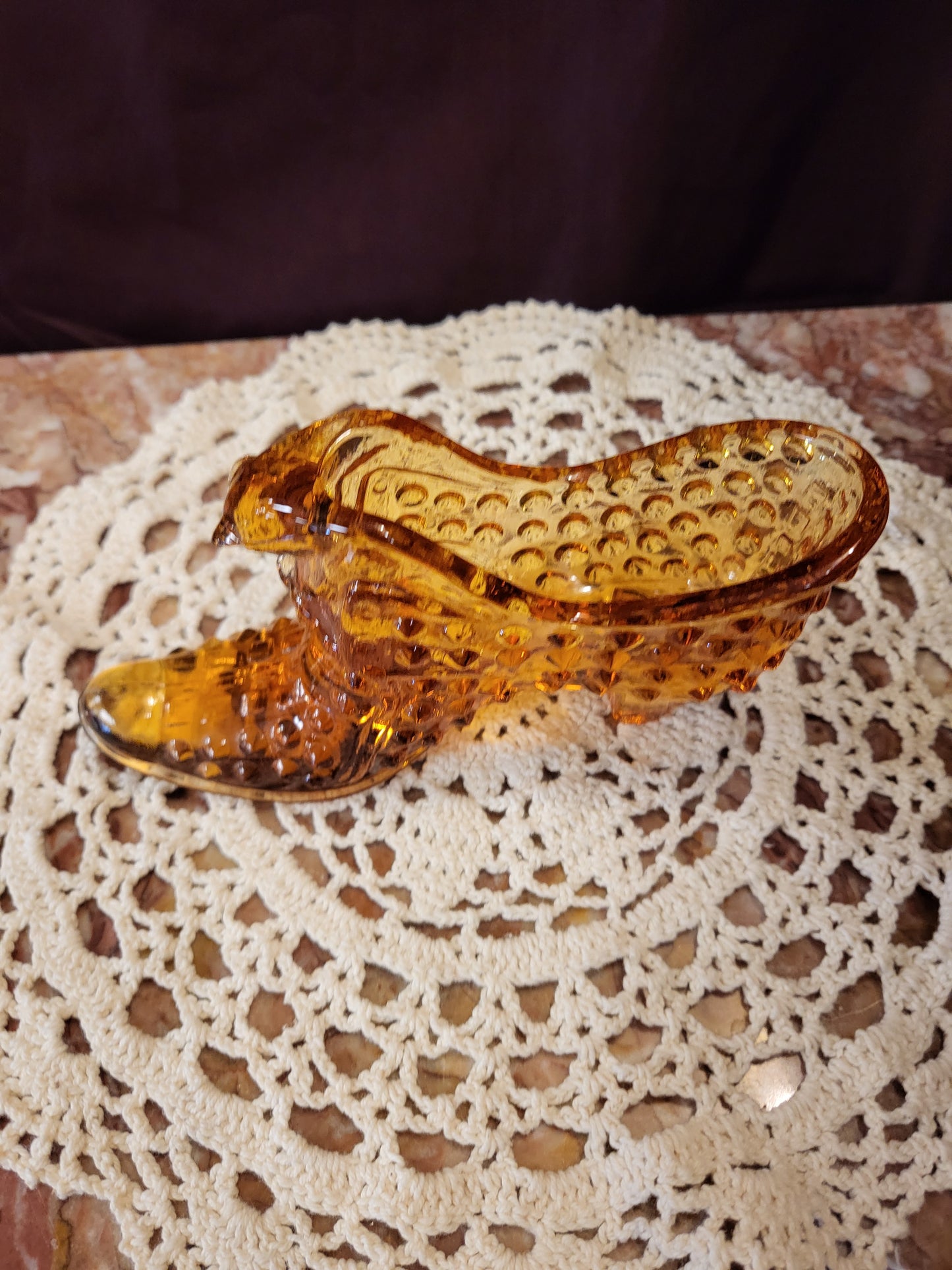 Vintage Fenton Glass Amber Hobnail Cat Head Slipper Shoe Figurine 6" Mid-Century