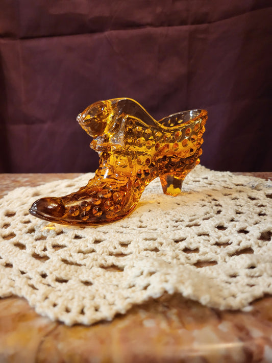 Vintage Fenton Glass Amber Hobnail Cat Head Slipper Shoe Figurine 6" Mid-Century