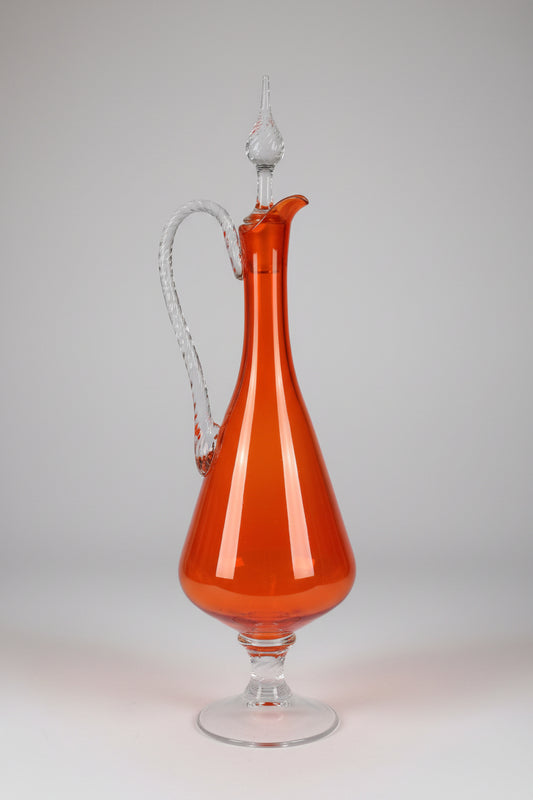 Vintage MCM Tangerine Orange Art Glass Decanter with Flame Stopper & Clear Twist Handle - Mid Century Modern Hand Blown Footed Pitcher Carafe (Blenko / Erickson Style)