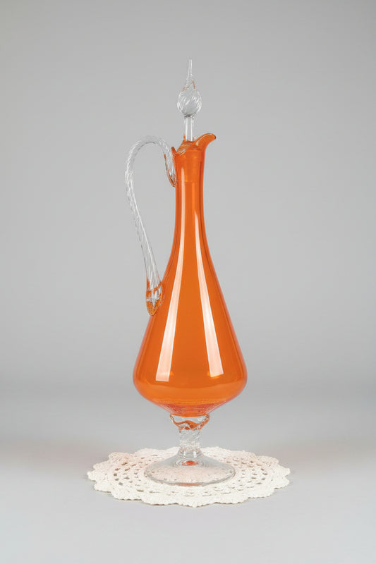 Vintage MCM Tangerine Orange Art Glass Decanter with Flame Stopper & Clear Twist Handle - Mid Century Modern Hand Blown Footed Pitcher Carafe (Blenko / Erickson Style)