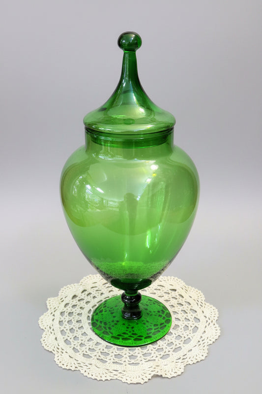 Vintage Empoli Italy Emerald Green Glass Circus Tent Apothecary Jar Candy Dish MCM