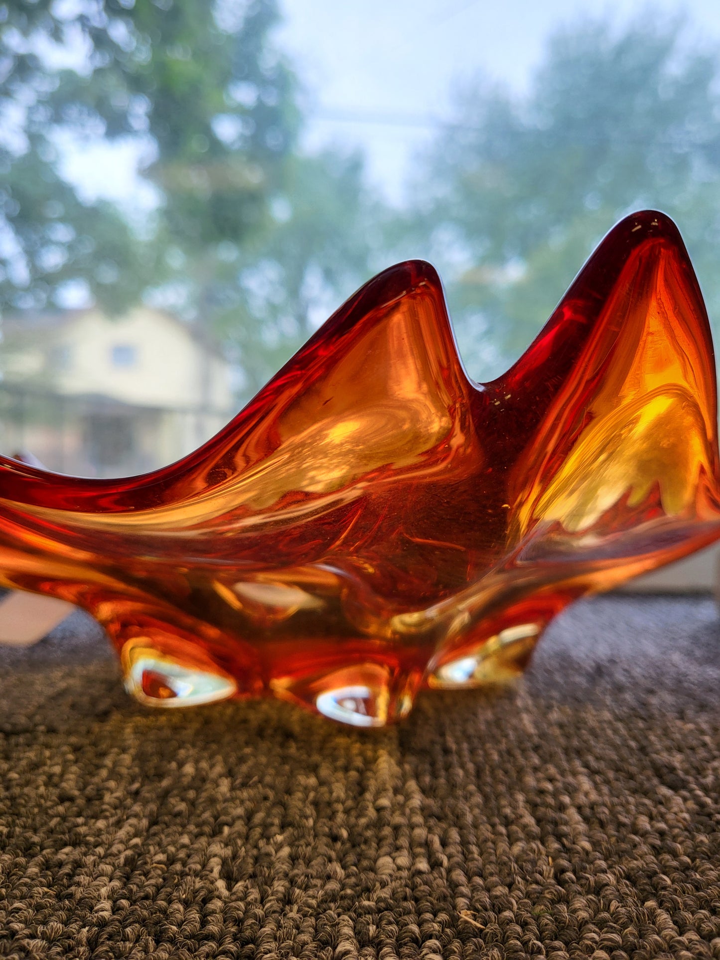 Vintage Murano Art Glass Centerpiece Bowl – Red & Amber Amberina Ruffled Splat Bowl, Mid-Century Modern Hand-Blown Italian Art Glass