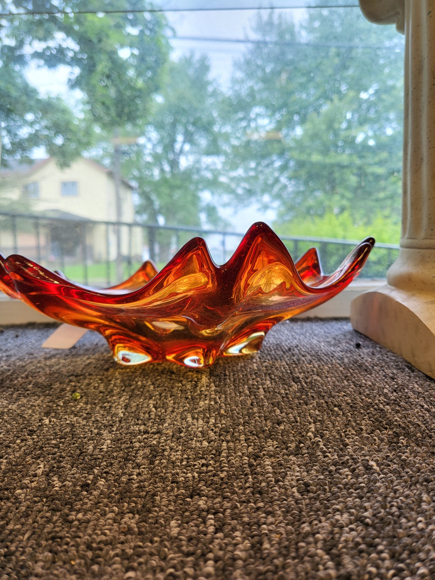 Vintage Murano Art Glass Centerpiece Bowl – Red & Amber Amberina Ruffled Splat Bowl, Mid-Century Modern Hand-Blown Italian Art Glass