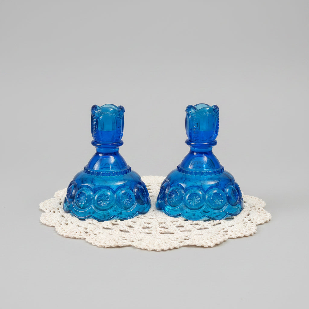 Vintage LE Smith Moon and Stars Colonial Blue Glass Candle Holders Pair MCM Retro