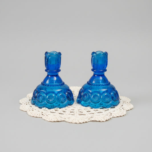 Vintage LE Smith Moon and Stars Colonial Blue Glass Candle Holders Pair MCM Retro