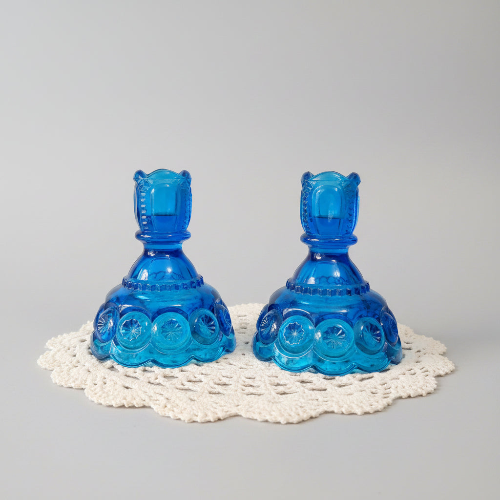 Vintage LE Smith Moon and Stars Colonial Blue Glass Candle Holders Pair MCM Retro