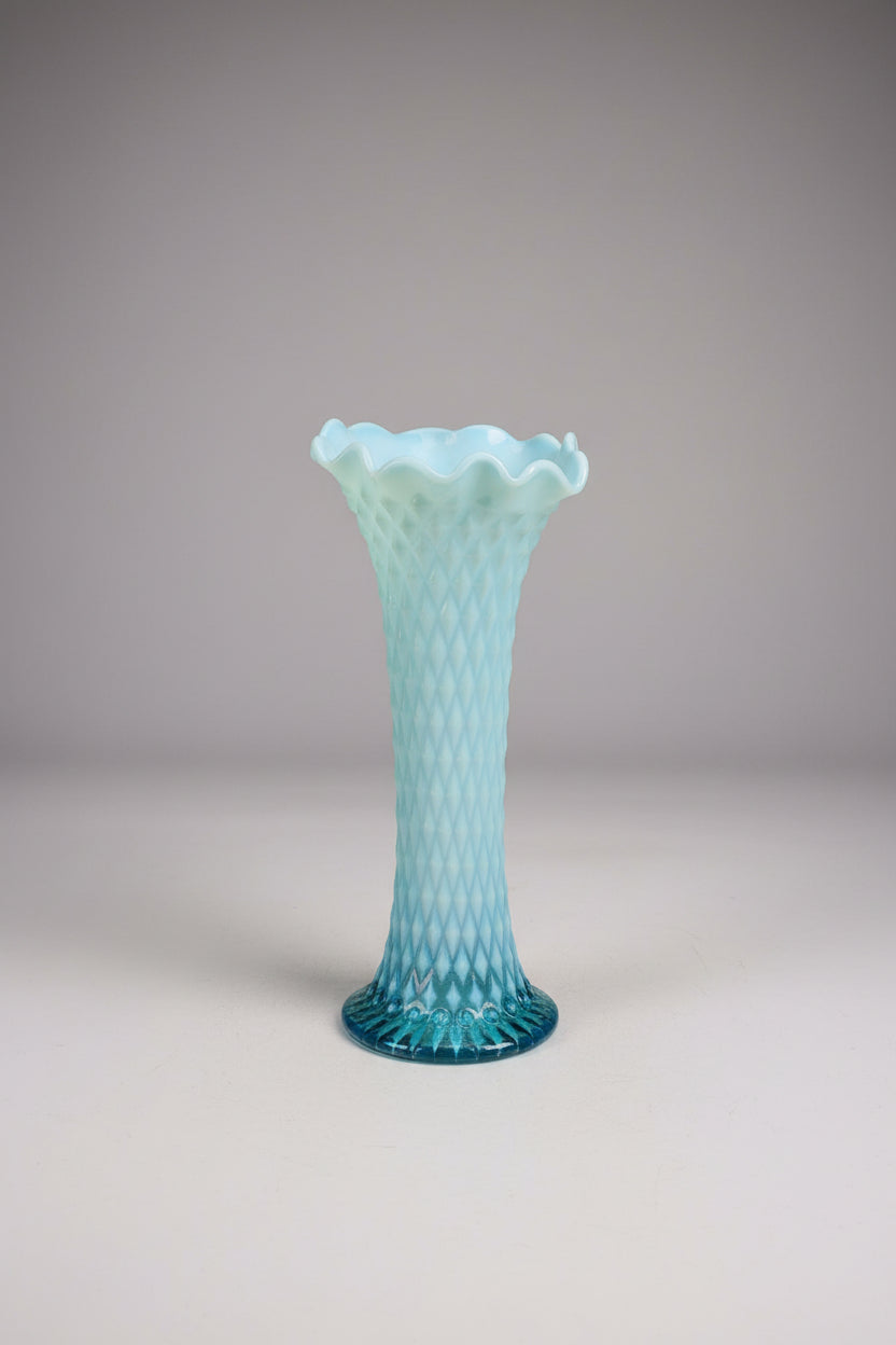 Antique Northwood Blue Opalescent Diamond Point Swung Glass Vase EAPG 10" 1906