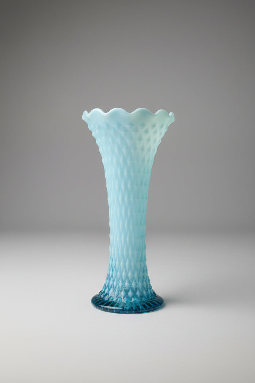 Antique Northwood Blue Opalescent Diamond Point Swung Glass Vase EAPG 10" 1906